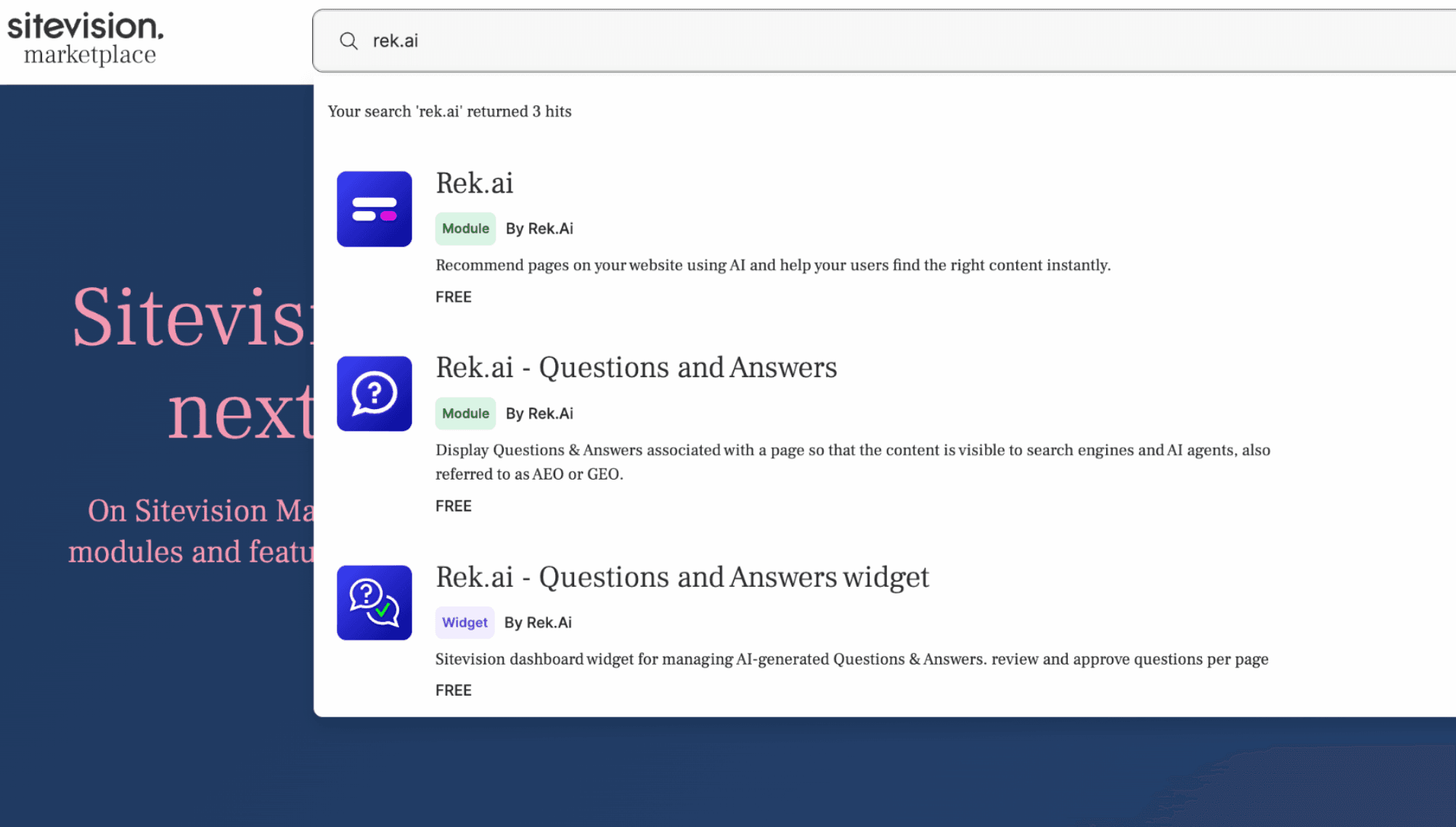 Tre stycket Rek.ai moduler i Sitevision marketplace. En komplett lösning för AEO-optimerade Frågor & Svar