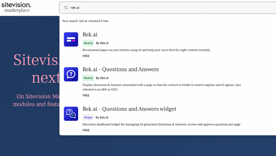 Tre stycket Rek.ai moduler i Sitevision marketplace. En komplett lösning för AEO-optimerade Frågor & Svar